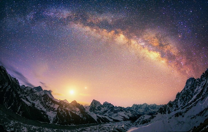 landscape nature milky way galaxy mountain snow himalayas nepal long exposure sunlight stars sunrise, HD wallpaper