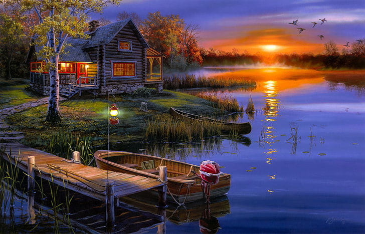 house, river, and boat painting, art, evening, decline, lake, HD wallpaper
