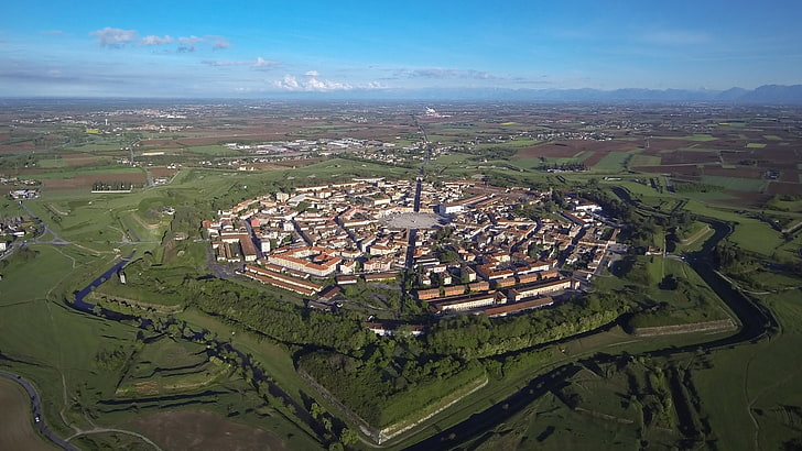white city, Italy, landscape, house, building, Palmanova, aerial view