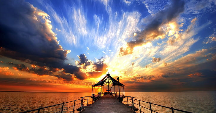 landscape, sky, sea, sunset, pier, clouds, sunlight, horizon, HD wallpaper