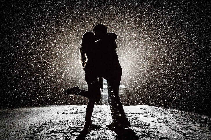 silhoutte photography of man and woman kissing, love, snow, monochrome