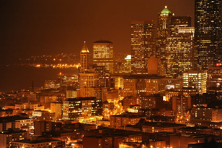 city building lights during night time, seattle, washington, usa, seattle, washington, usa