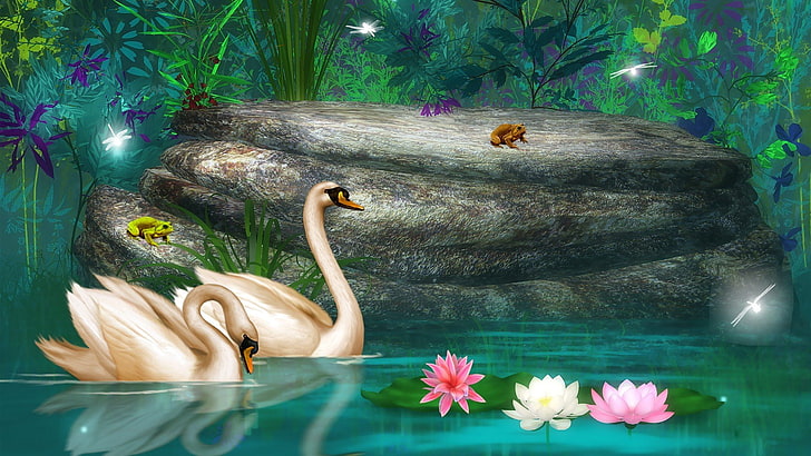 Birds, Swan, Artistic, Flower, Forest, Frog, Lotus, Pond, Rock, HD wallpaper