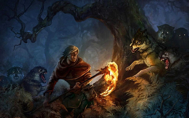 man holding fire while throwing on wolves wallpaper, fantasy art