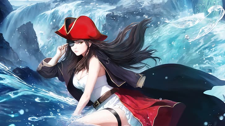 ocean view, pirate girl, costumes, anime girls