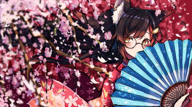 anime, anime girls, kimono, sakura (tree), hand fan, glasses, HD wallpaper