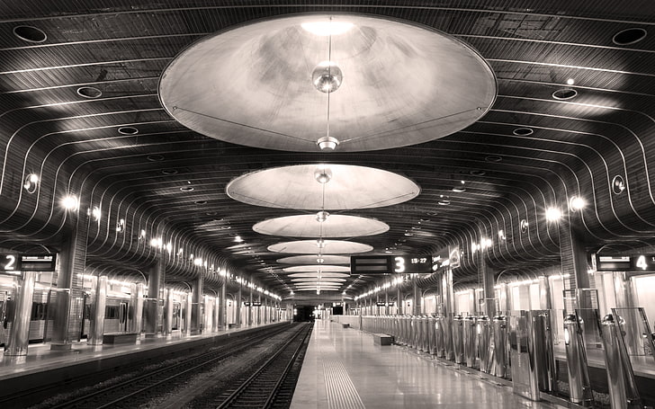 photography, architecture, monochrome, subway, train station, HD wallpaper