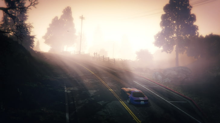blue coupe, Grand Theft Auto V, video games, tree, transportation, HD wallpaper