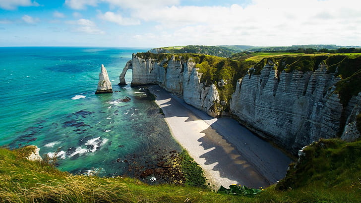cliff, Cliffs Of Dover, clouds, Coastline, England, grass, Horizon, HD wallpaper