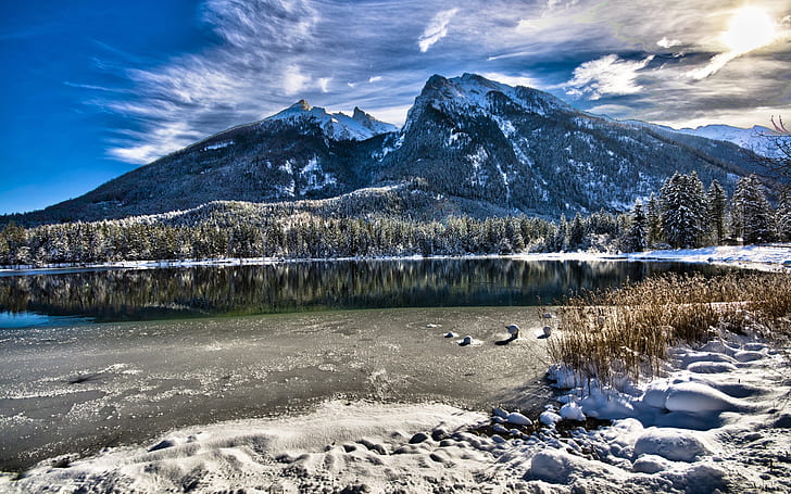 Bavaria, Germany, lake, trees, mountains, winter, snow, HD wallpaper