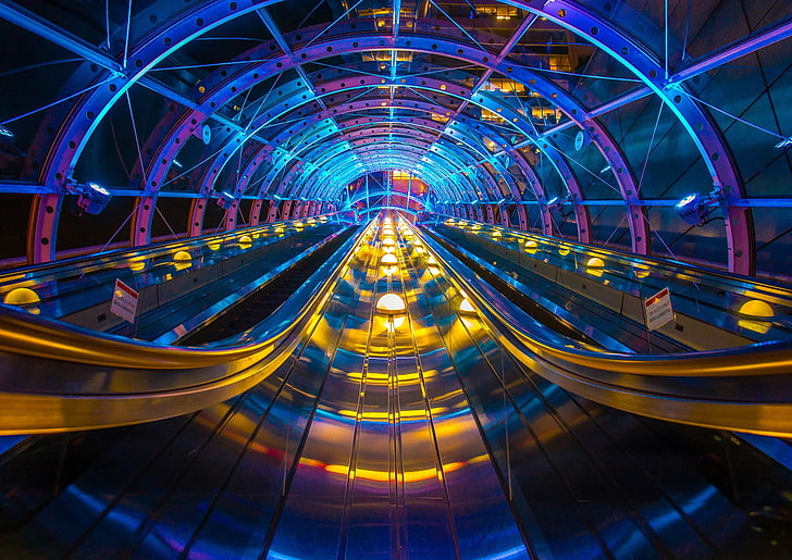 purple and yellow tunnel illustration, blue and purple railroad