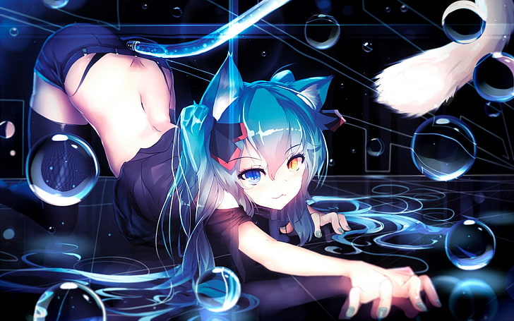 blue-haired female illustration, anime, Vocaloid, heterochromia, HD wallpaper