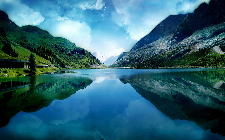 mountains, lake, marmolada, Italy, reflection, digital art, HD wallpaper