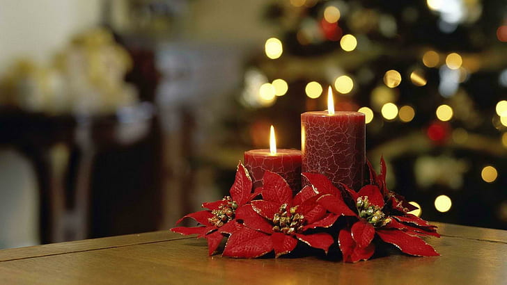 Red flowers next to candles, red poinsettias accent 2 pillar candles