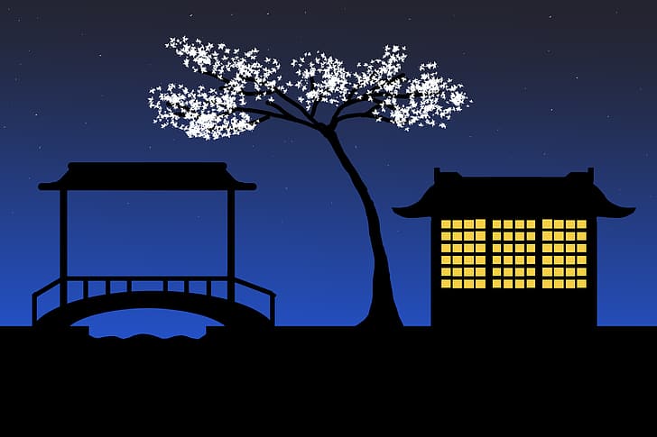 Japan, house, trees, cherry trees, bridge, stars, night, lights, HD wallpaper