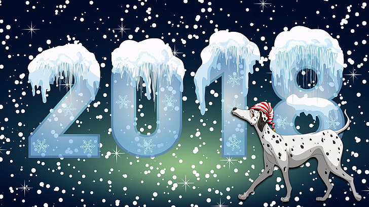 new year, winter, snowfall, ice, dog, 2018, astrology, dog year, HD wallpaper