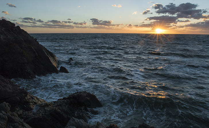 sunset, sea, HDR, nature, clouds, waves, sky, sunlight, horizon, HD wallpaper