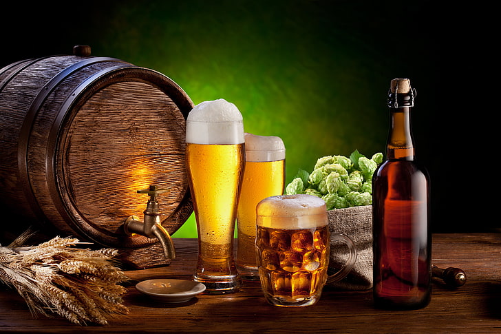 brown wooden barrel dispenser, foam, table, bottle, beer, glasses