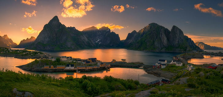 island, landscape, Lofoten, Morning, mountains, nature, Norway, HD wallpaper