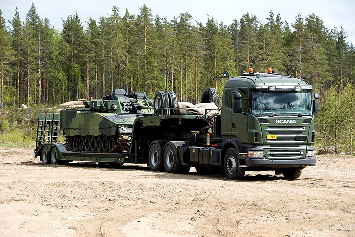 green freight truck, the trailer, tractor, Scania R 500 6x4, transportation of military equipment, HD wallpaper
