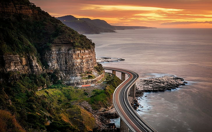 nature, landscape, sunset, sea, coast, highway, cliff, clouds, HD wallpaper