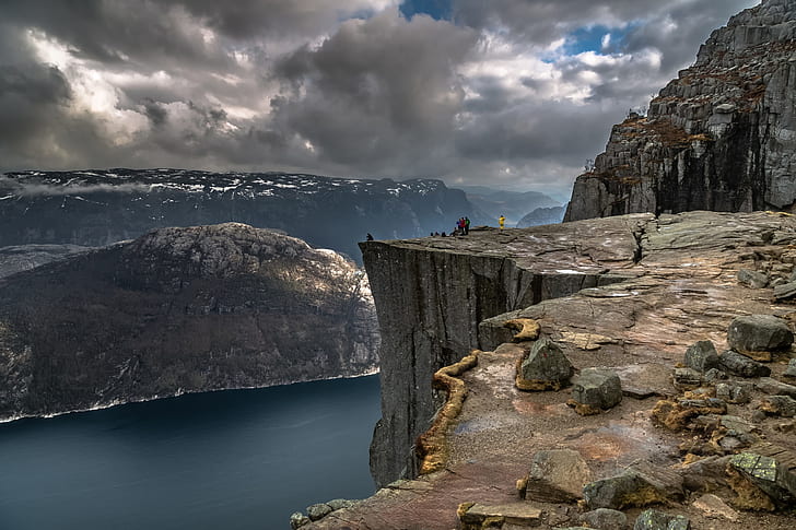 nature, mountains, landscape, Norway, cliff, rock, gray, Preikestolen