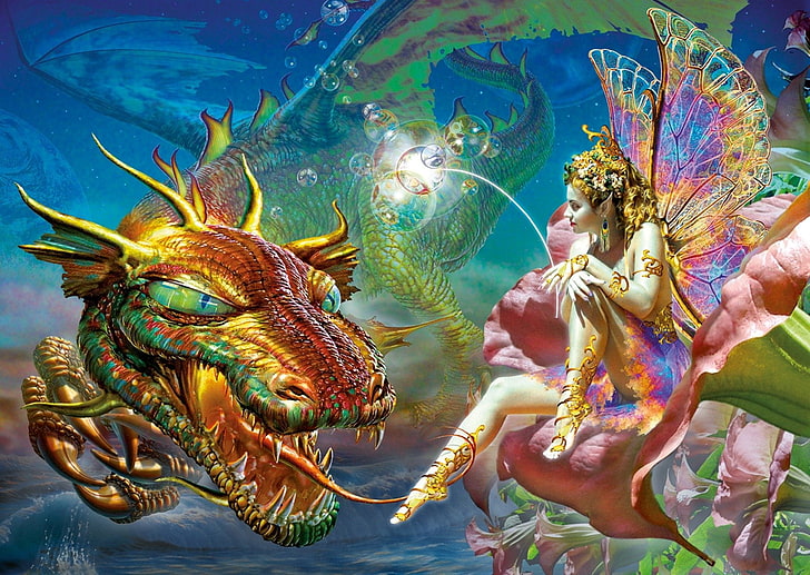 dragon and fairy illustration, Fantasy, Colorful, Flower, Gold