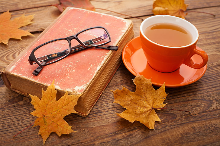 black framed eyeglasses and orange ceramic mug and saucer, autumn