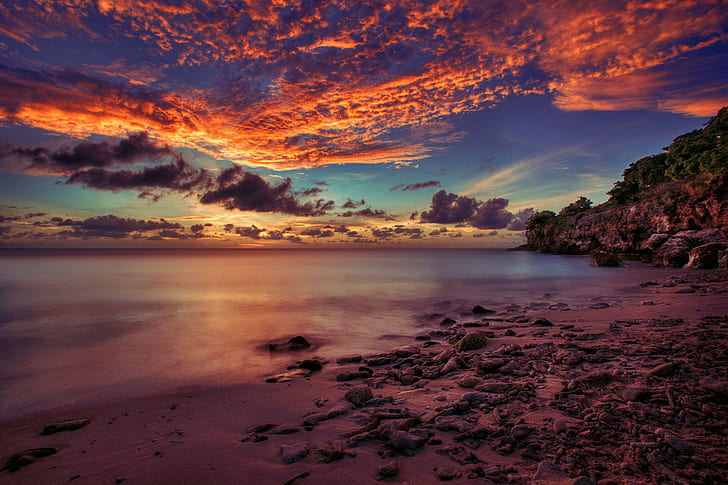 photography of sea under orange sky, Redo, Curacao, Beach, Sunset, HD wallpaper