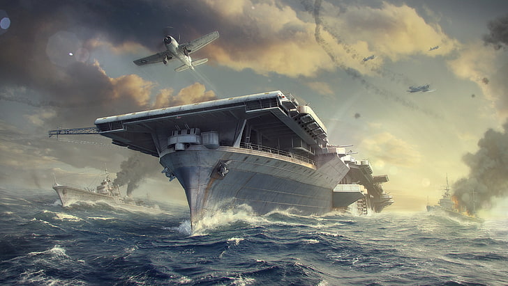 gray battleship, The sky, Water, Clouds, Wave, Smoke, Aircraft