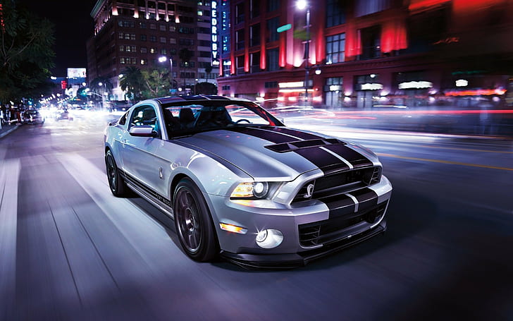  Fondo de pantalla HD Ford Mustang Shelby GT, automóvil, desenfoque de movimiento, noche, calle, shelby mustang plateado y negro