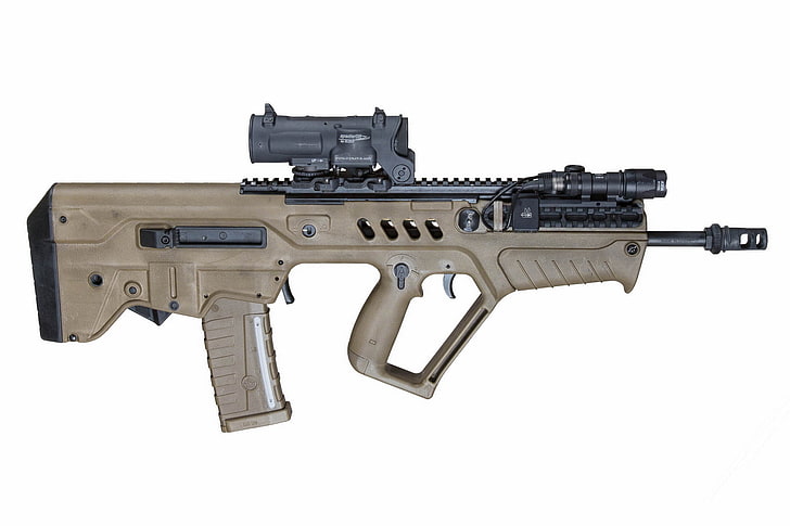 brown bollpup assault rifle, weapons, background, machine, Tavor