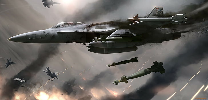 Digital Art, Military Aircraft, FA-18 Hornet, Dogfight, Bombs, HD wallpaper