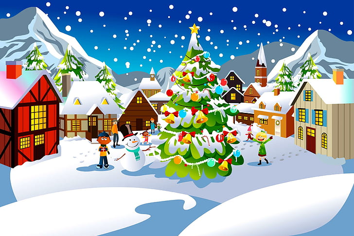 Christmas Joy, kids, christmas tree, village, houses, snow, town, HD wallpaper