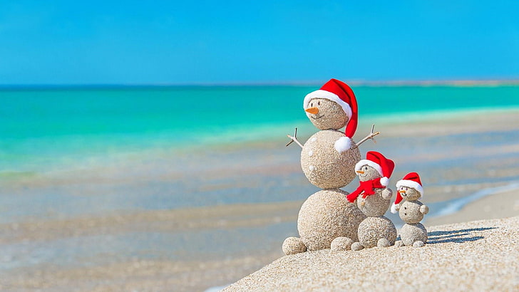 sand, summer, christmas, snowman, seashore, sandy beach, ocean, HD wallpaper