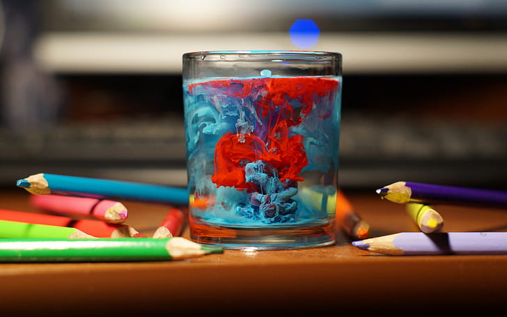 Table, Glass, Water, Pencils, Paint Splatter, Colorful, Depth of Field, Photography, Bokeh, HD wallpaper