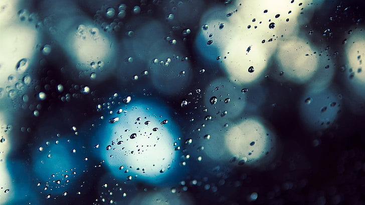 micro photography of dew drops, water drops, glass, blurred, bokeh