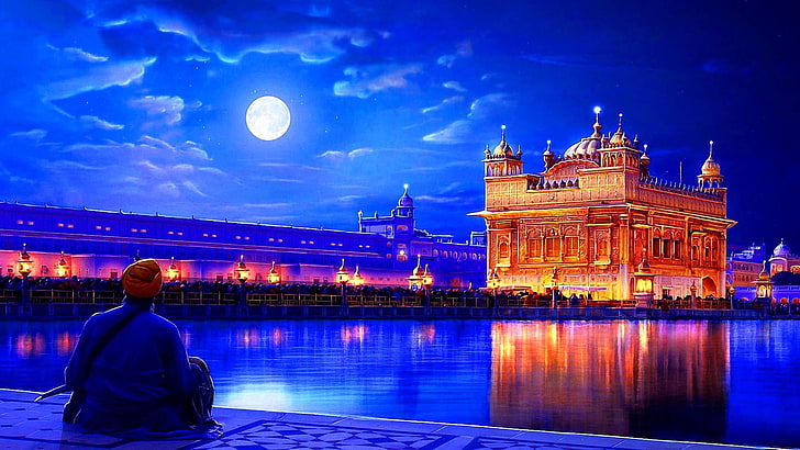 golden temple, moon, night life, fantasy, architecture, sky