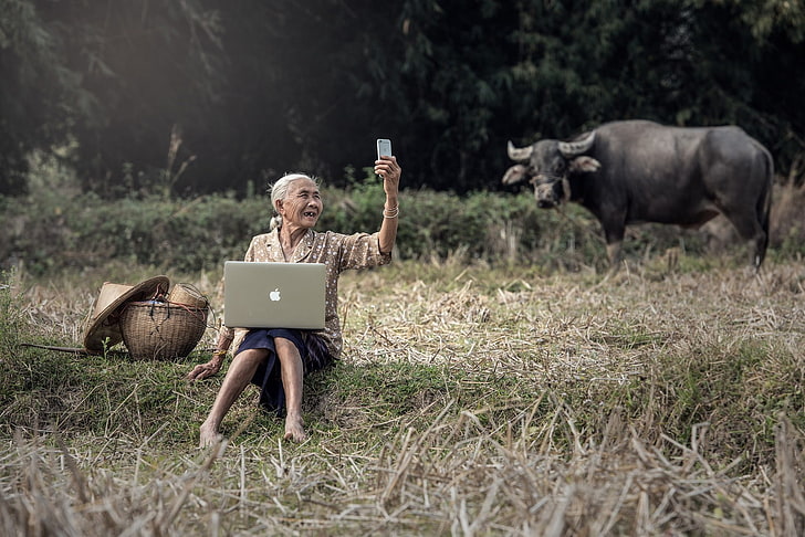 old people, field, mac book, full length, one person, land