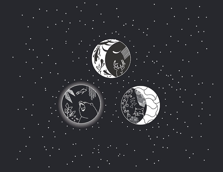white and black star illustration, Moon, cat eyes, bears, deer