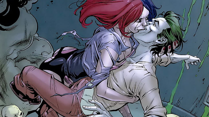 The Joker and Harley Quin illustration, women, kissing, Batman