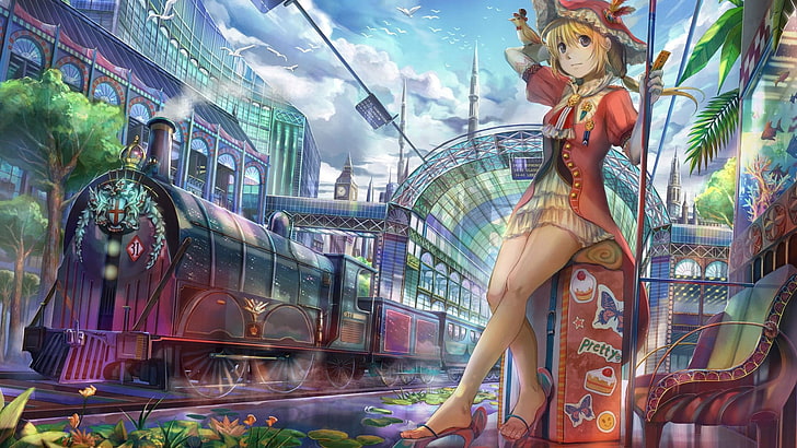 female anime character near train digital wallpaper, anime girls