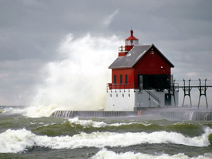 big waves hitting lighthouse, sea, storm, water, architecture, HD wallpaper