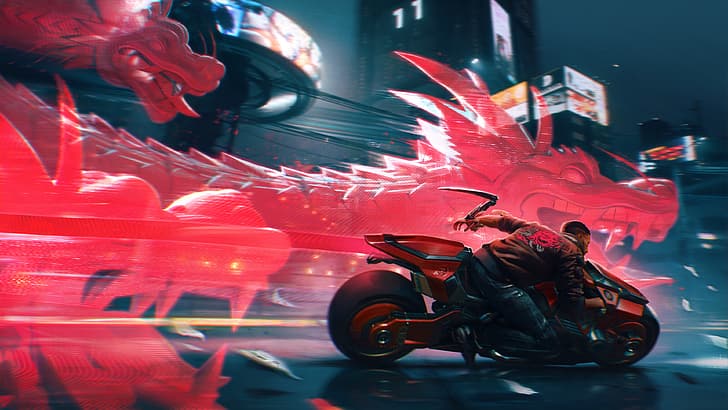 cyber, cyberpunk, Cyberpunk 2077, dragon, motorcycle, night