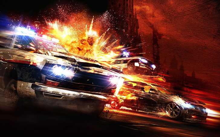 white and black vehicles, the explosion, police, Chase, mode of transportation, HD wallpaper