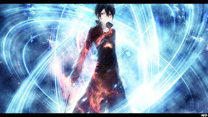Sword Art Online Kirito, anime, dark hair, black eyes, red eyes, HD wallpaper