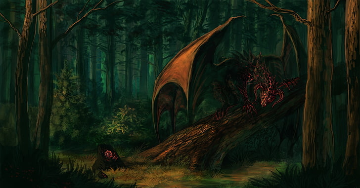 painting of brown dragon, fantasy art, tree, plant, forest, one person, HD wallpaper
