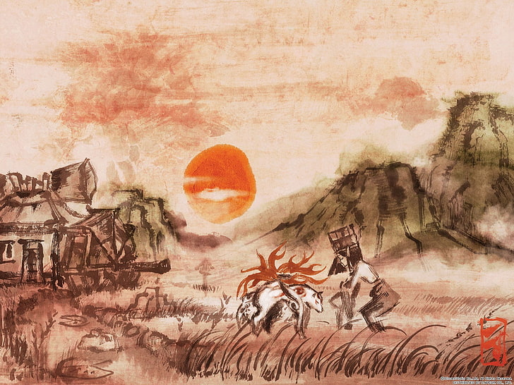 brown house painting, Okami, Sun, artwork, video games, art and craft