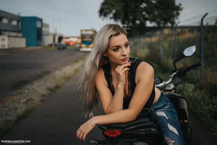 women, long hair, torn jeans, women with motorcycles, nose ring, HD wallpaper