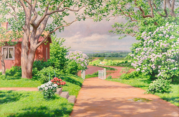 brown house and white flowers painting, greens, summer, trees